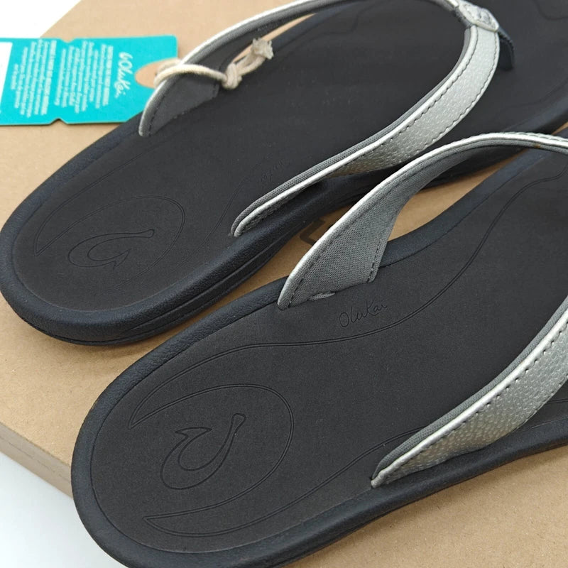OluKai Kulapa Kai Women’s Size 7 /9/11 Sliver/Black Flip Flops 20198-2K40