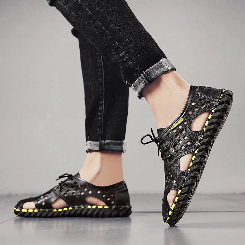 Men's Handmade Slippers Summer Sandals Leather Beach Non-slip Open-toe Sandals