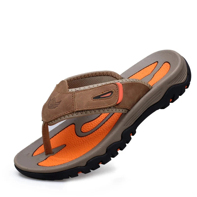 Men's Summer Leather Slippers Breathable Outdoor Beach Sandals Flip Flops