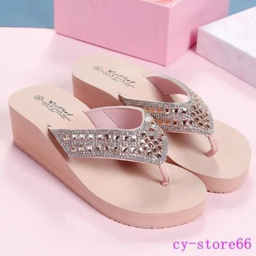 Women's Platform Thongs Sandals Beach Slippers Rhinestone Wedge Heel Flip Flops