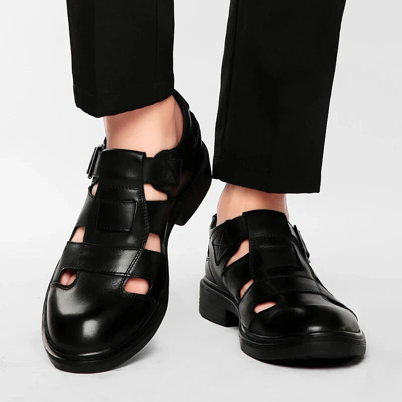 Summer Hollow Leather Shoes Men's Casual Sandals Breathable Lightweight Slippers