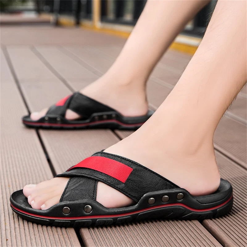 Mens Slide Sandals Open Toe Non-Slip Leather Slippers