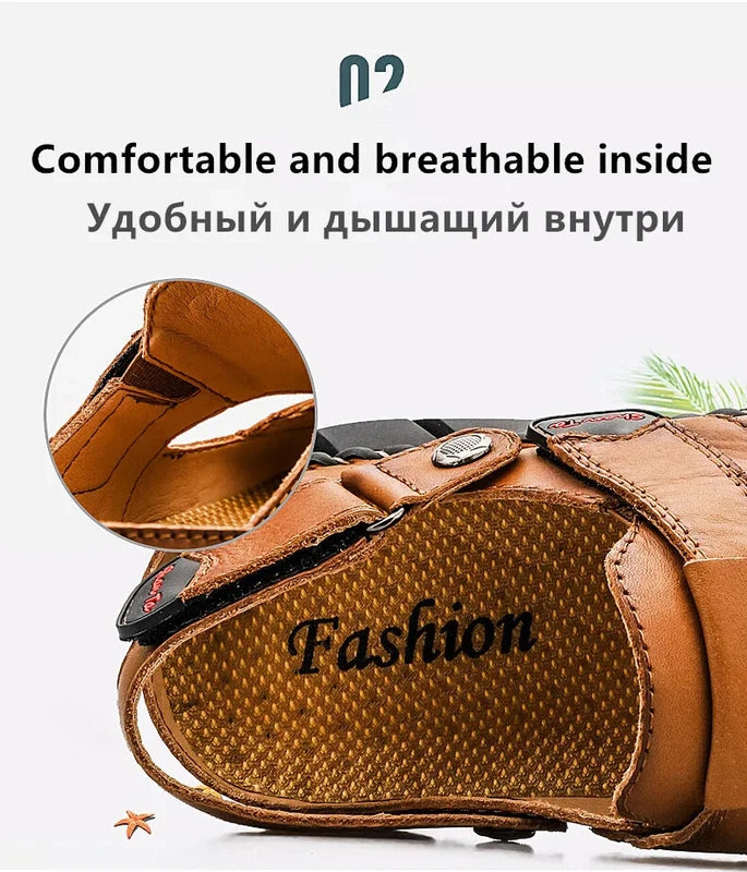 Classic Men Sandals Soft Leather Beach Slippers Outdoor Casual Lightweight Shoes