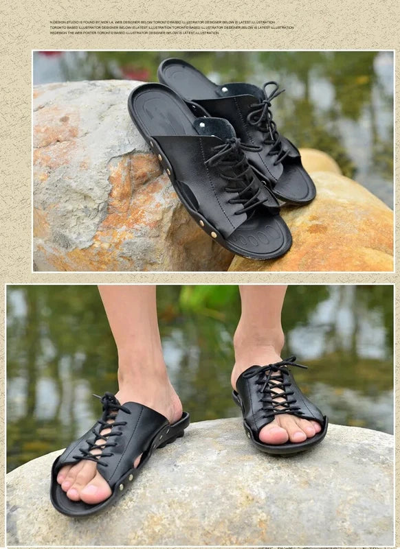 Summer Mens Slippers Cow Leather Beach Sandals Lightweight Comfy Flip Flops