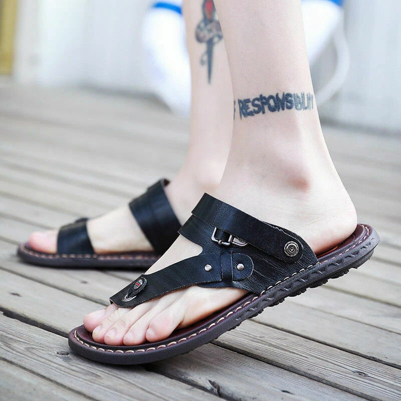 Mens Faux Leather Sandals Beach Flats Flip Flops Casual Slipper Shoes Summer Sz