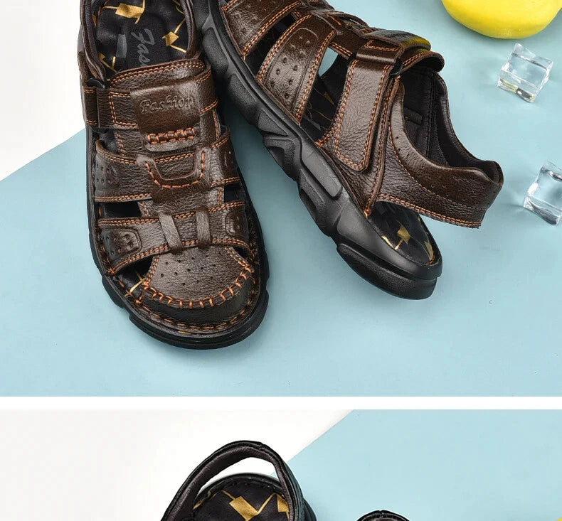 Summer Leather Men's Sandals Outdoor Beach Slippers Hiking Non-slip Flat Shoes