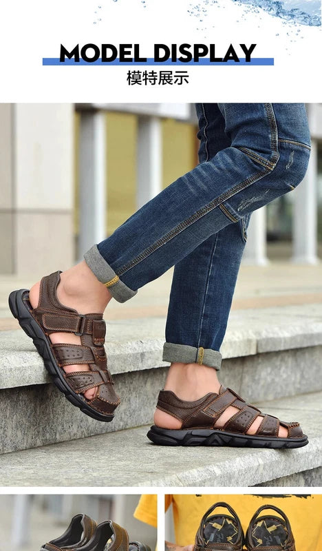 Summer Leather Men's Sandals Outdoor Beach Slippers Hiking Non-slip Flat Shoes