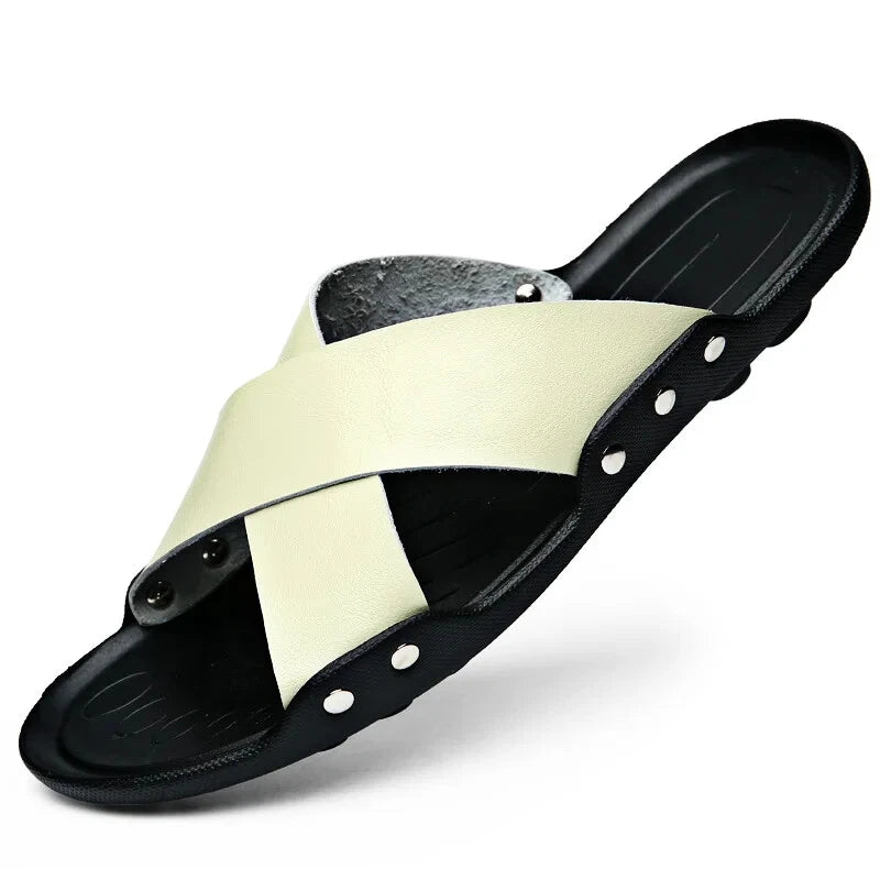 Summer Mens Slippers Cow Leather Beach Sandals Lightweight Comfy Flip Flops