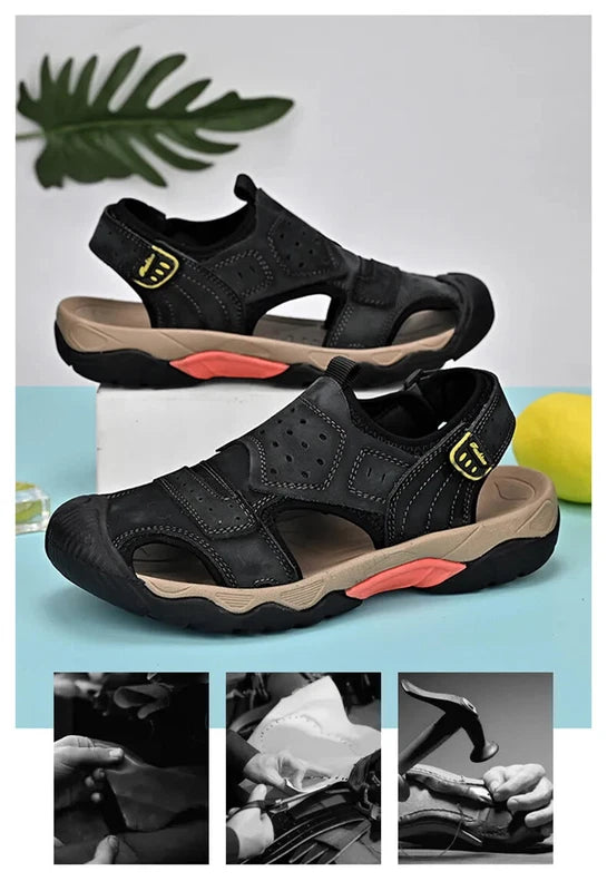 Summer Men Genuine Leather Sandals Non-slip Beach Slippers Handmade Sneakers