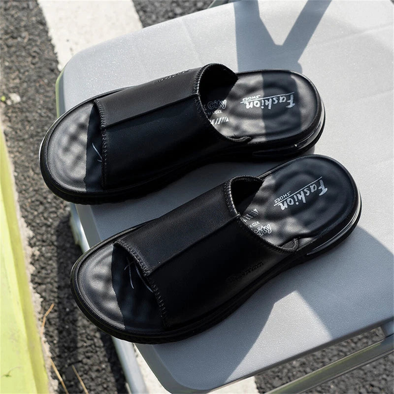 Men's Leather Slides Open Toe Outdoor Slippers Comfort Casual Sandals