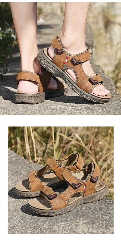 Classic Men's Sandals Leather Beach Casual Shoes Wading Outdoor Flat Slippers