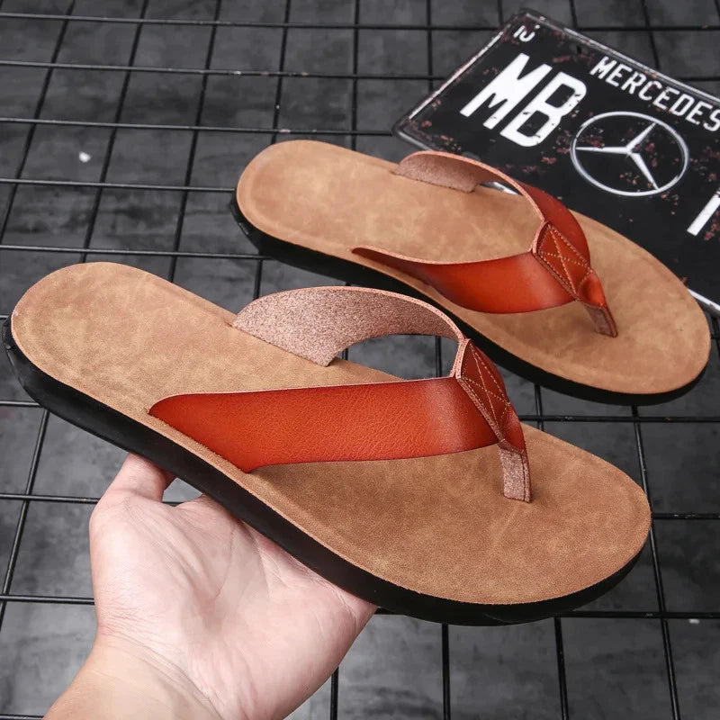FUQIAO Summer Sandals Men Leather Classic Roman Open-toed Slipper Outdoor Beach