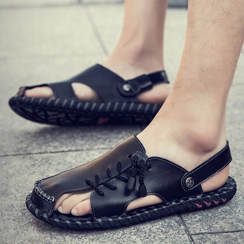 Mens Genuine Leather Beach Shoes Casual Sandals Summer Sports Soft Slippers