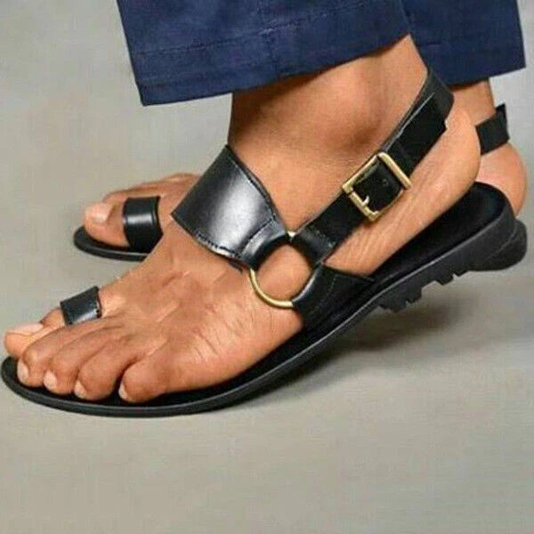 Mens Sandals Vintage Toe Ring PU Leather  Flats Shoes Comfortable Beach Slippers