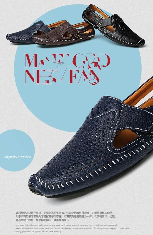 Men's Sandals Summer Leather Breathable Beach Slippers Flat Soft-Soled Shoes