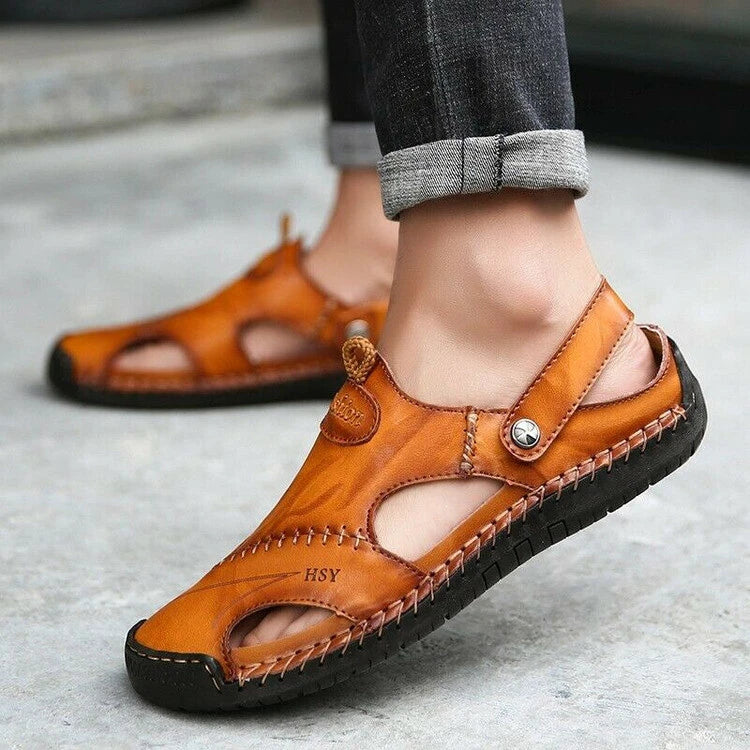 Men's Sport Close Toe Sandals Summer Leather Shoes Beach Fisherman Flat Slippers