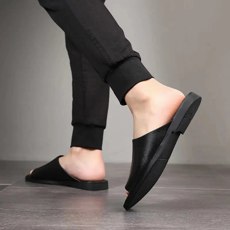 Men Slippers Leather Flats Summer Beach Soft Business Men Solid Outdoor Sandals
