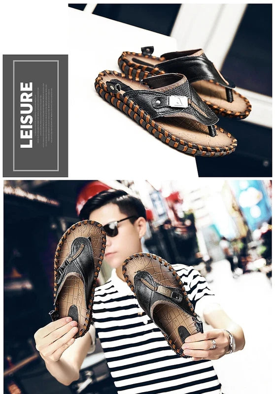 Men's Sandals Summer Outdoor Beach Leather Flip Flops Slippers Casual Shoes