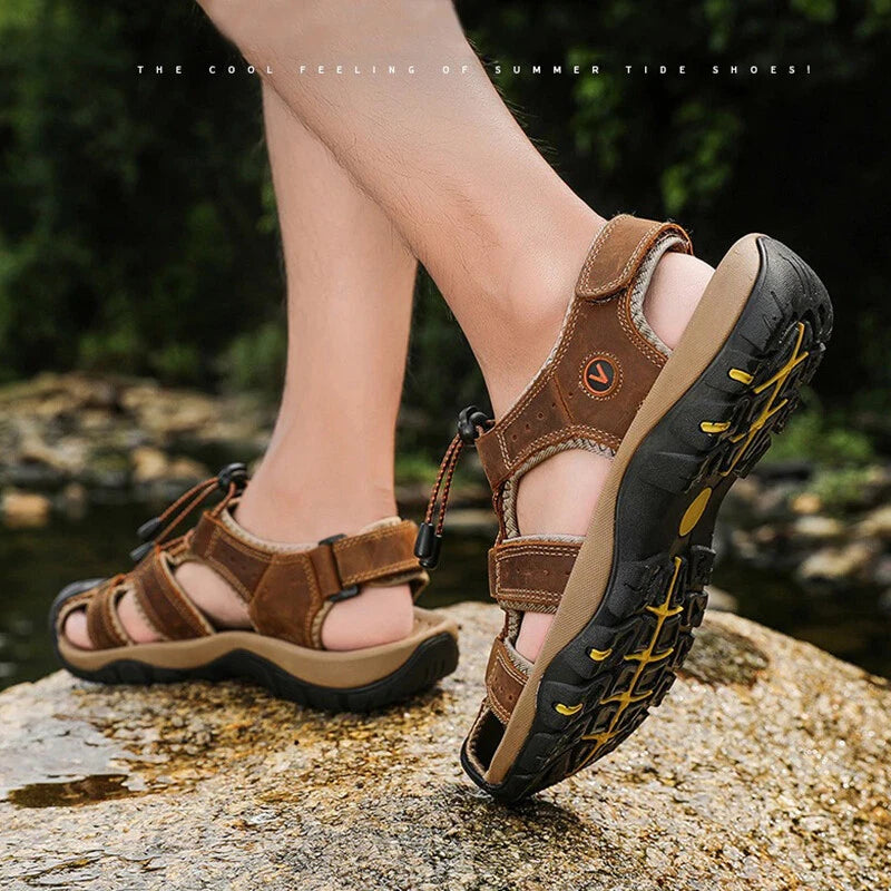 Men's Leather Sandals Closed Toe Beach Nonslip Summer Outdoor Sport Hiking Shoes