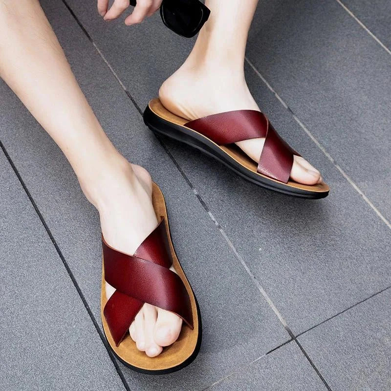 Men Shoes Italian Leather Slippers Men Beach Summer Shoes High Quality Big Size
