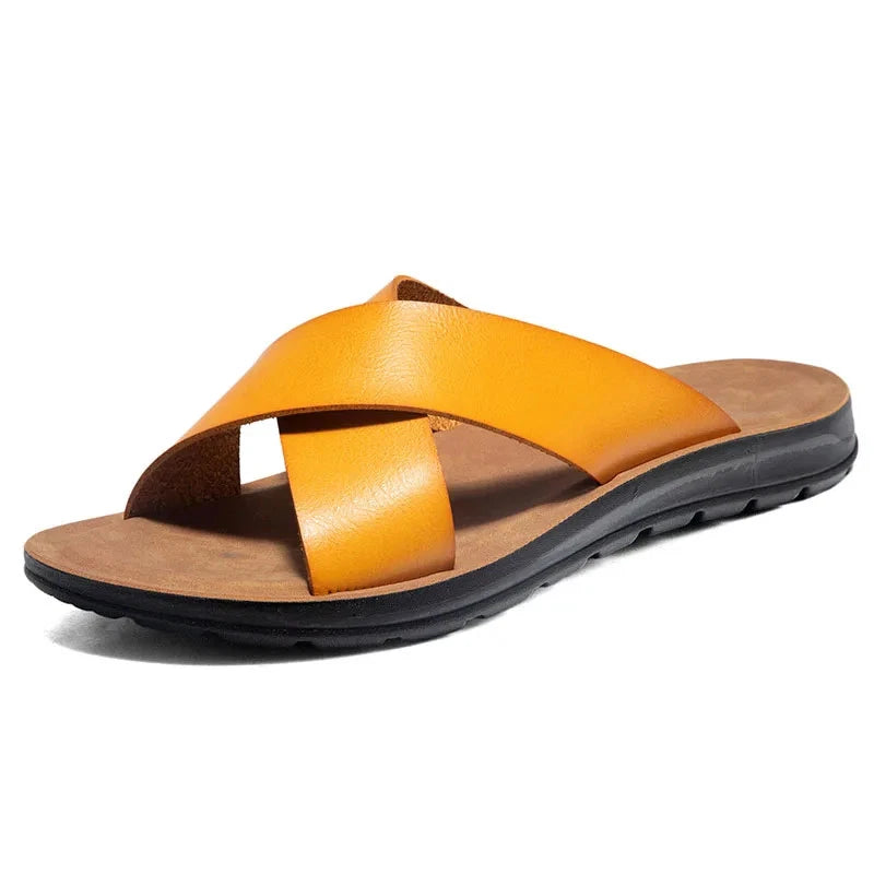 FUQIAO Summer Sandals Men Leather Classic Roman Open-toed Slipper Outdoor Beach