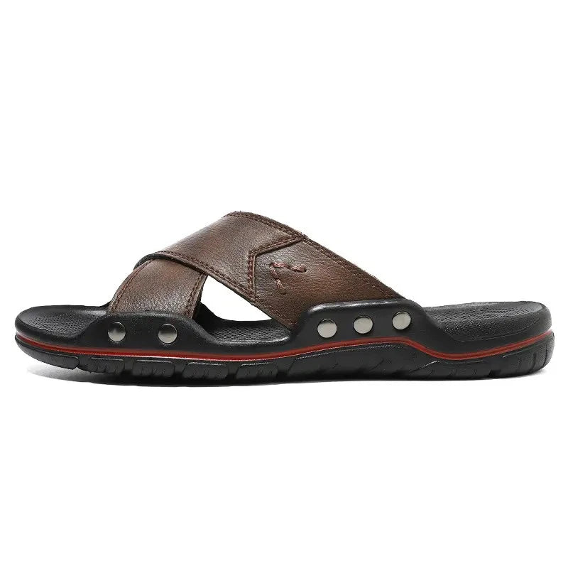 38-48 Plus Size Men's Flats Leather Open Toe Slippers Sandals Summer Beach Shoes