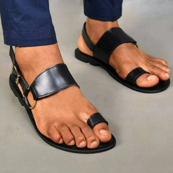 Mens Sandals Vintage Toe Ring PU Leather  Flats Shoes Comfortable Beach Slippers
