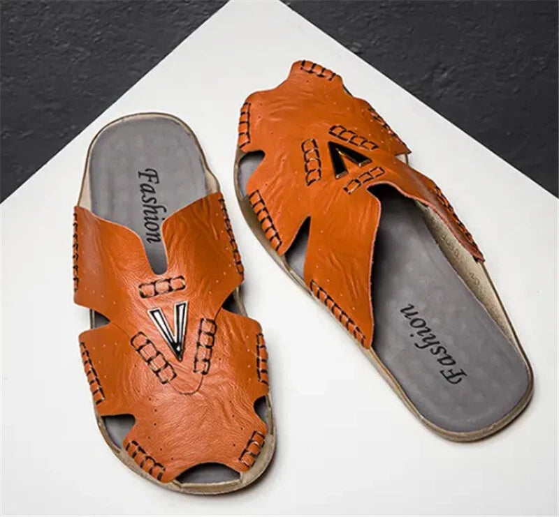 Men's Closed Toe Leather Slippers Non Slip Sandals Walking Fishing Beach Shoes