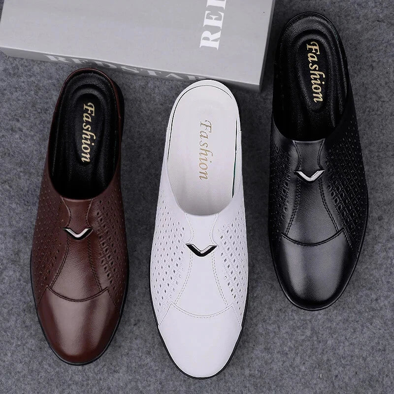 Men Leather Casual Slippers Half Drag Waterproof Loafers Non-slip Soft Sandals