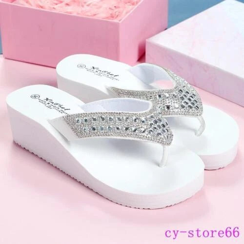 Women's Platform Thongs Sandals Beach Slippers Rhinestone Wedge Heel Flip Flops