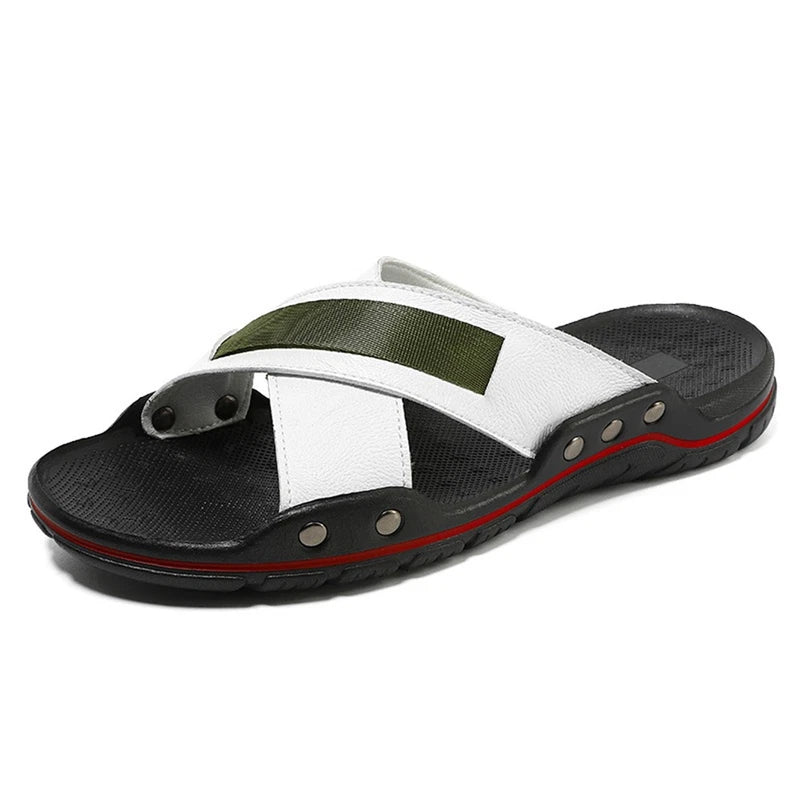 Mens Slide Sandals Open Toe Non-Slip Leather Slippers