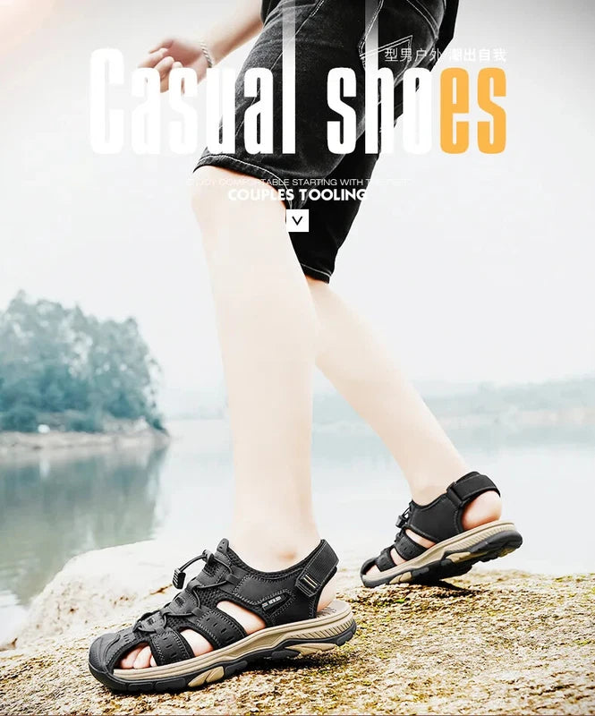 Summer Men's Leather Sandals Hollow Outdoor Sandals Slippers Beach Sandals