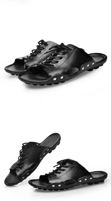 Summer Mens Slippers Cow Leather Beach Sandals Lightweight Comfy Flip Flops