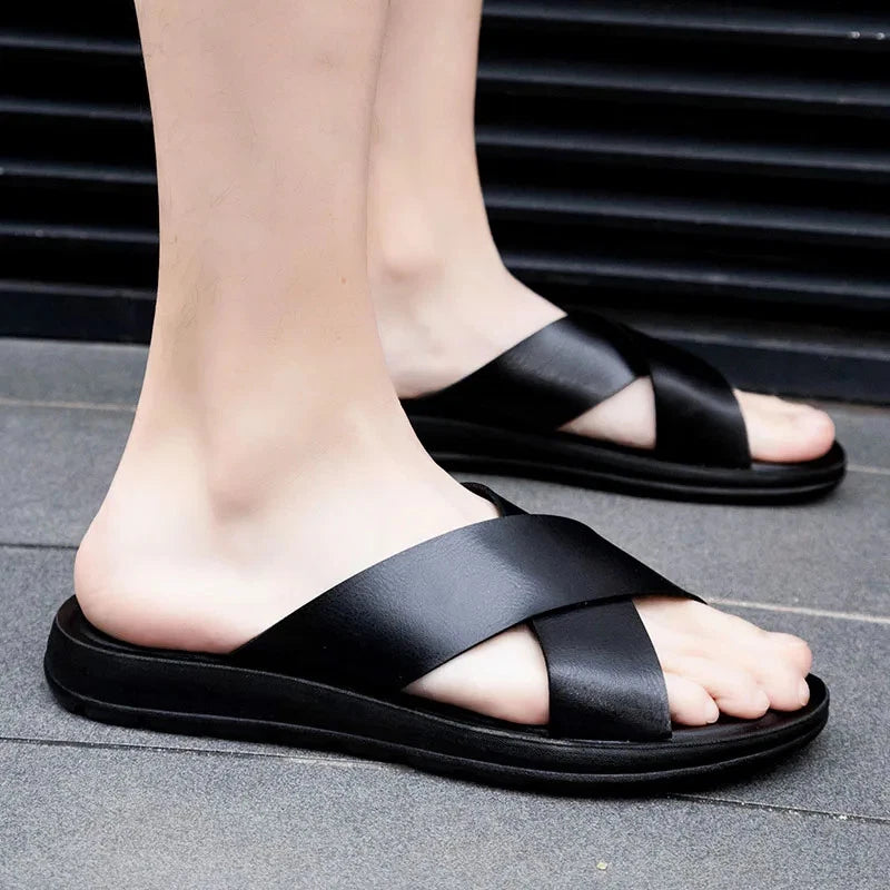 FUQIAO Summer Sandals Men Leather Classic Roman Open-toed Slipper Outdoor Beach