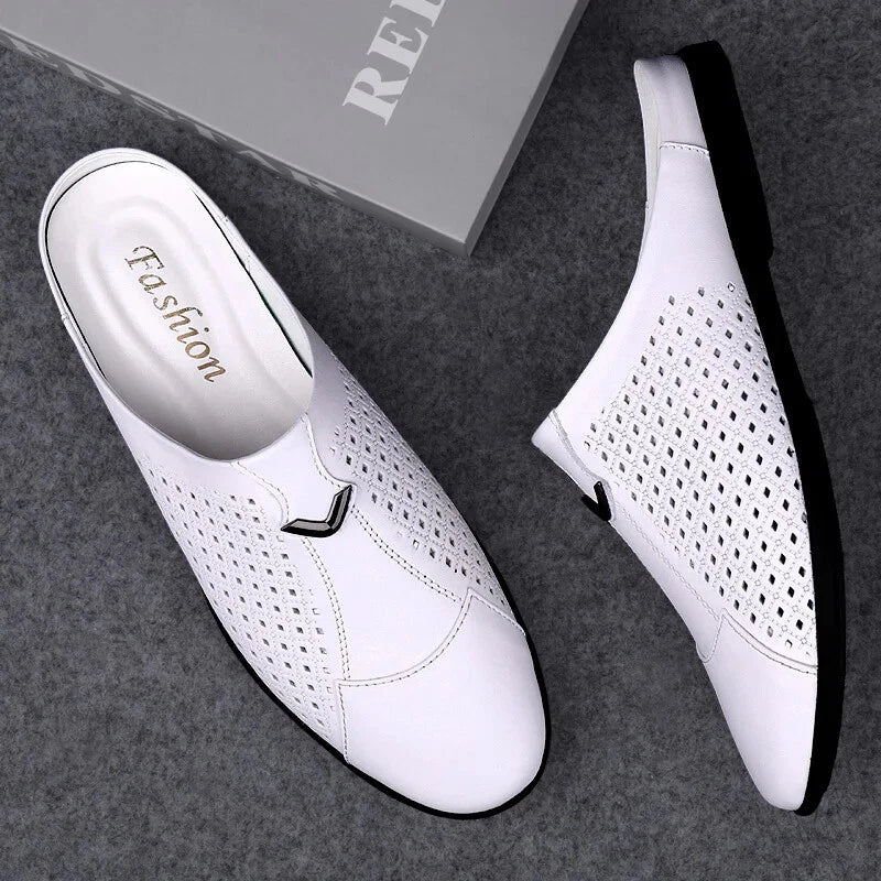 Men Leather Casual Slippers Half Drag Waterproof Loafers Non-slip Soft Sandals