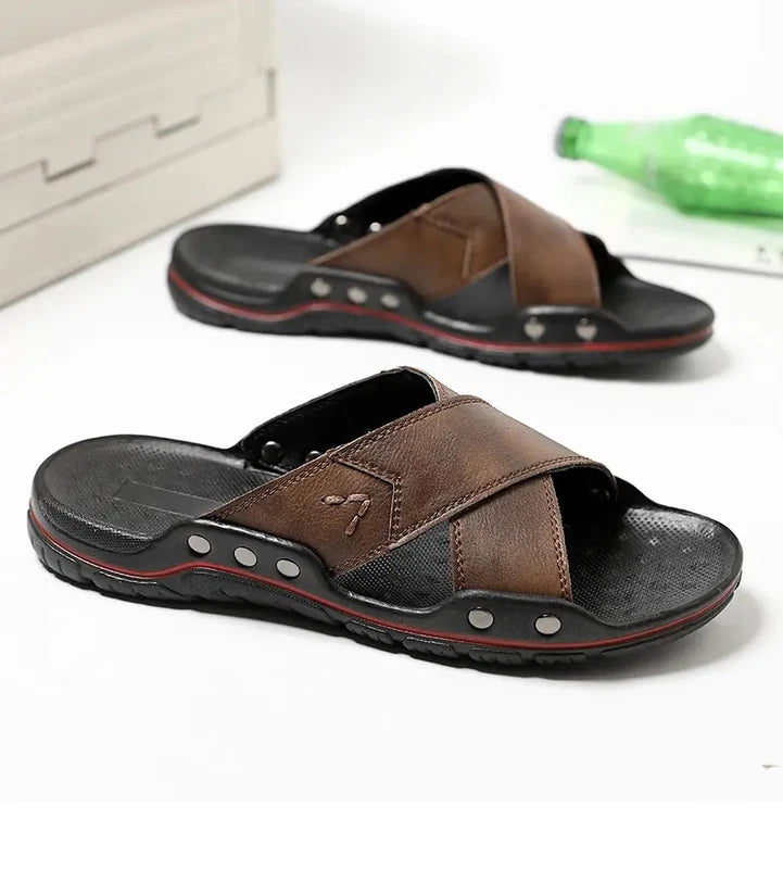 38-48 Plus Size Men's Flats Leather Open Toe Slippers Sandals Summer Beach Shoes