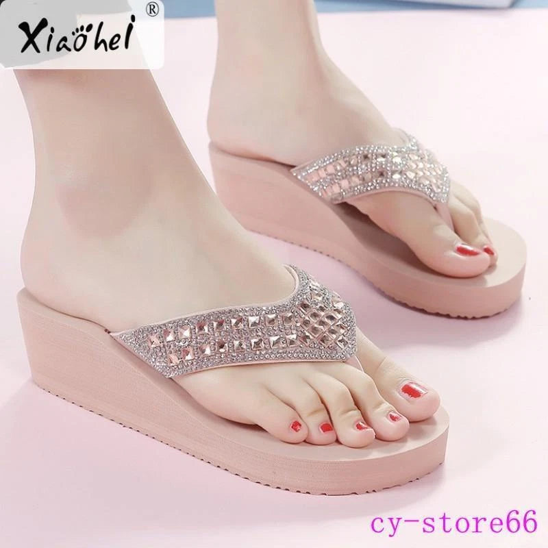 Women's Platform Thongs Sandals Beach Slippers Rhinestone Wedge Heel Flip Flops