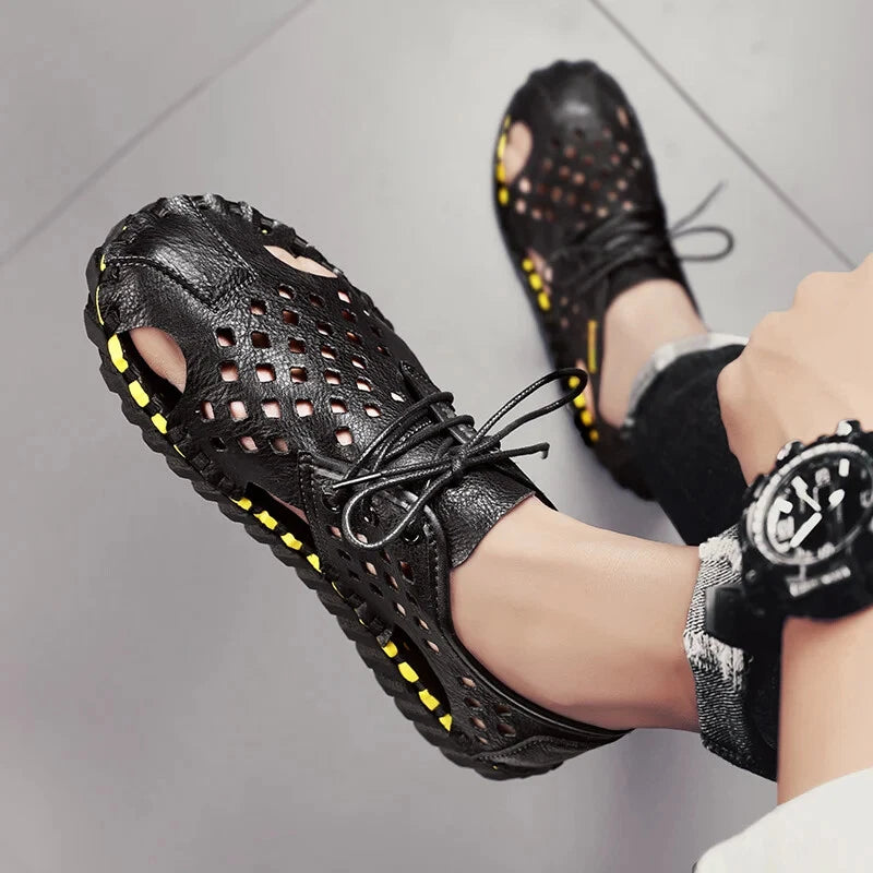 Men's Handmade Slippers Summer Sandals Leather Beach Non-slip Open-toe Sandals