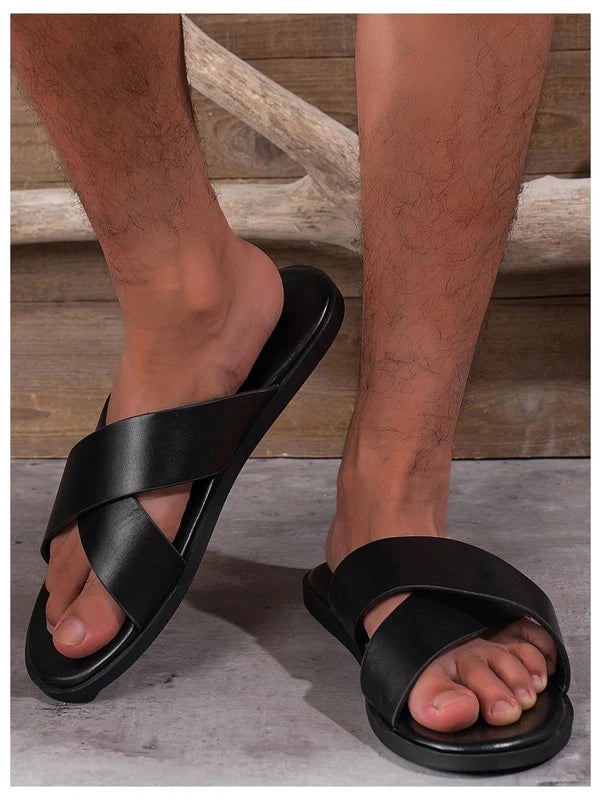 Men's PU Leather Cross Strap Slide Sandals, Summer Beach Footwear Slippers