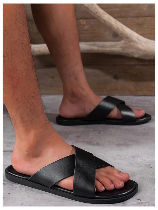 Men's PU Leather Cross Strap Slide Sandals, Summer Beach Footwear Slippers