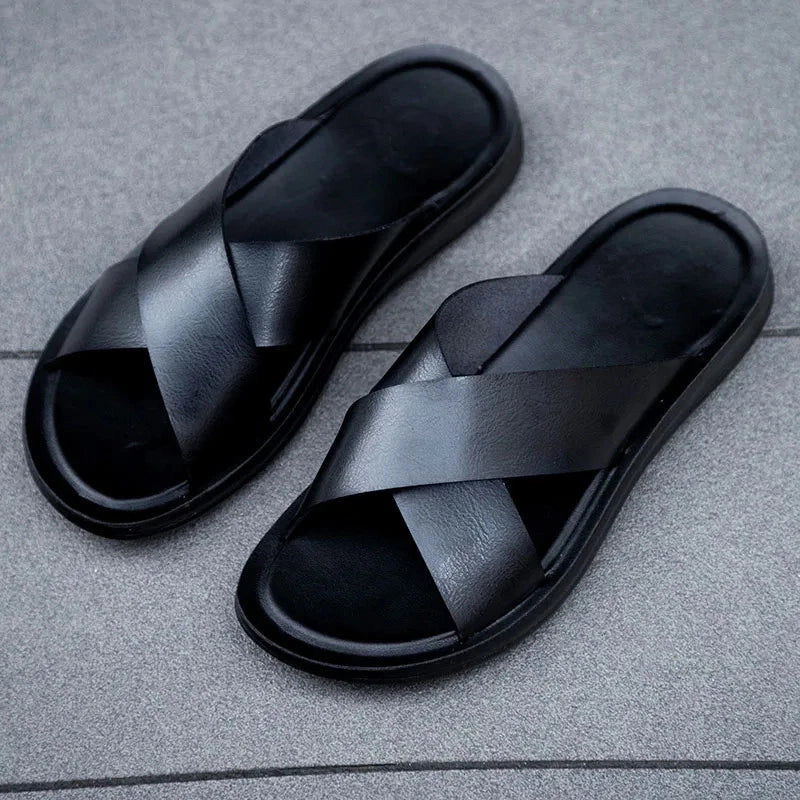 FUQIAO Summer Sandals Men Leather Classic Roman Open-toed Slipper Outdoor Beach