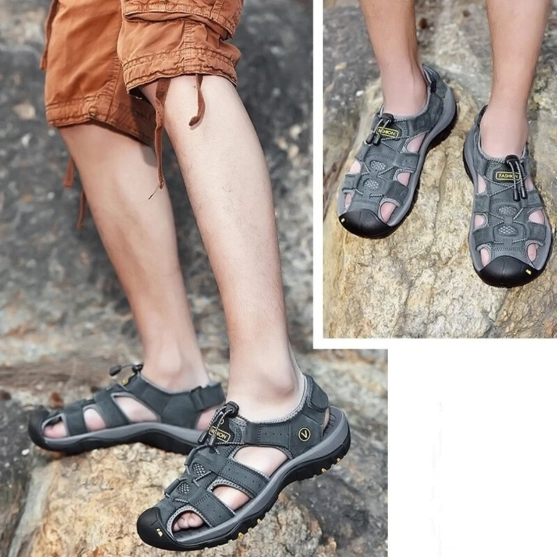 Men's Leather Sandals Closed Toe Beach Nonslip Summer Outdoor Sport Hiking Shoes