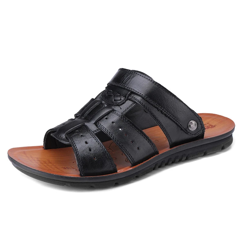 Mens Open Toe Driving Sandals Leather Summer Shoes Casual Outdoor Beach Slippers