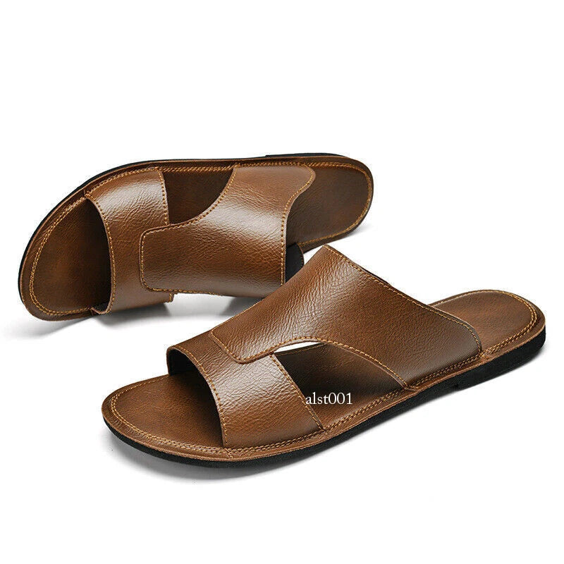 Mens Leather Open Toe Flats Slip on Slides Summer Beach Casual Slippers Shoes Sz