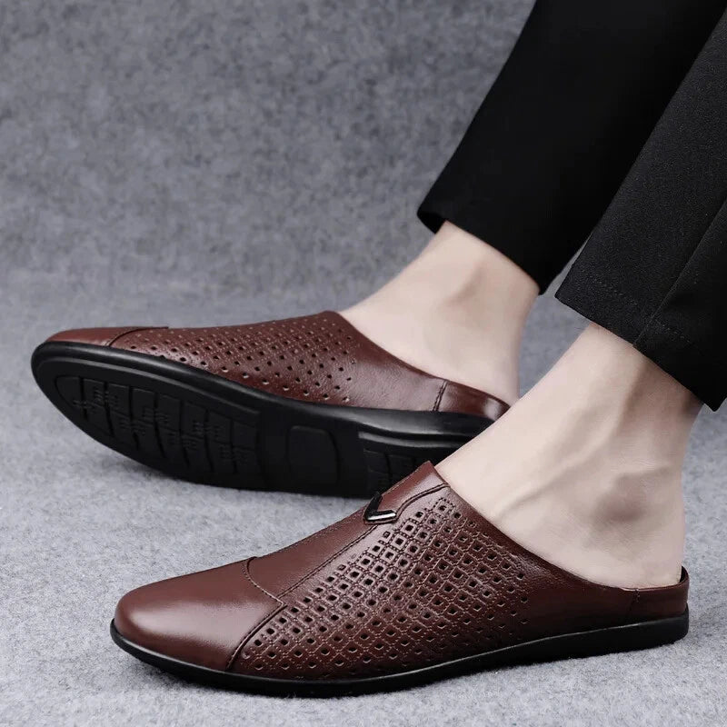Men Leather Casual Slippers Half Drag Waterproof Loafers Non-slip Soft Sandals