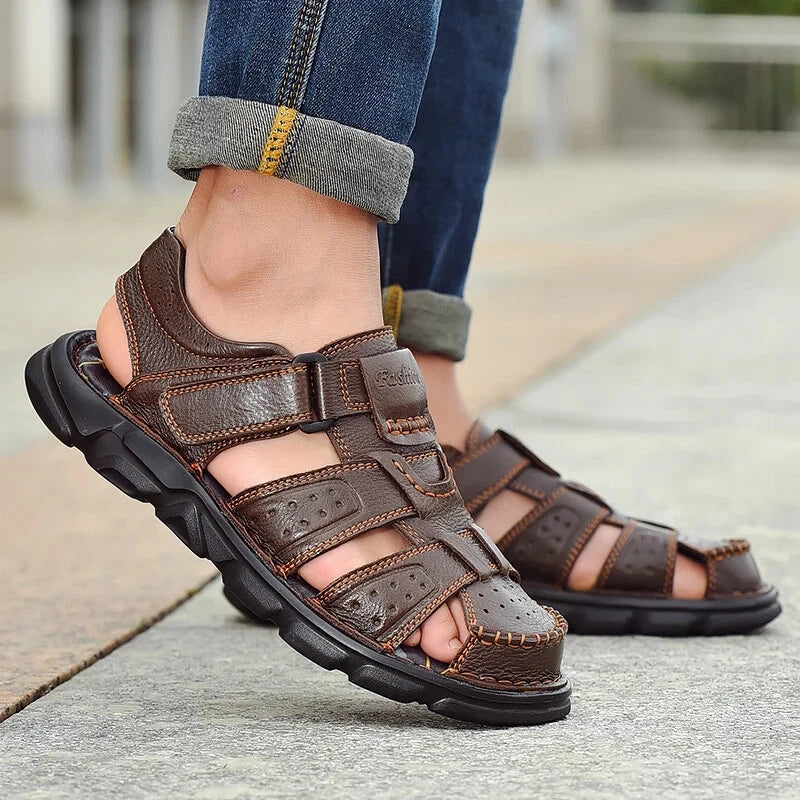 Leather Men Sandals Slip-on Lightweight Soft Hiking Shoes Beach Casual Slippers