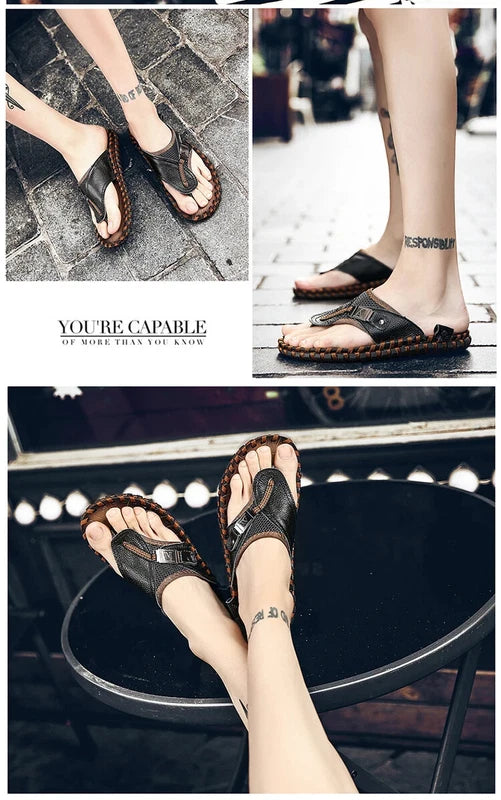 Men's Sandals Summer Outdoor Beach Leather Flip Flops Slippers Casual Shoes