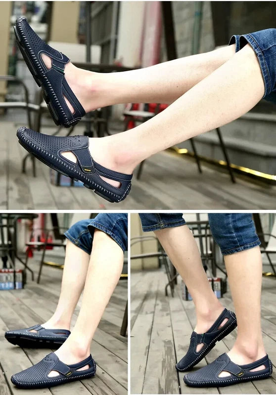 Men's Sandals Summer Leather Breathable Beach Slippers Flat Soft-Soled Shoes