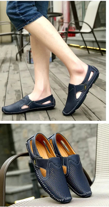 Men's Sandals Summer Leather Breathable Beach Slippers Flat Soft-Soled Shoes