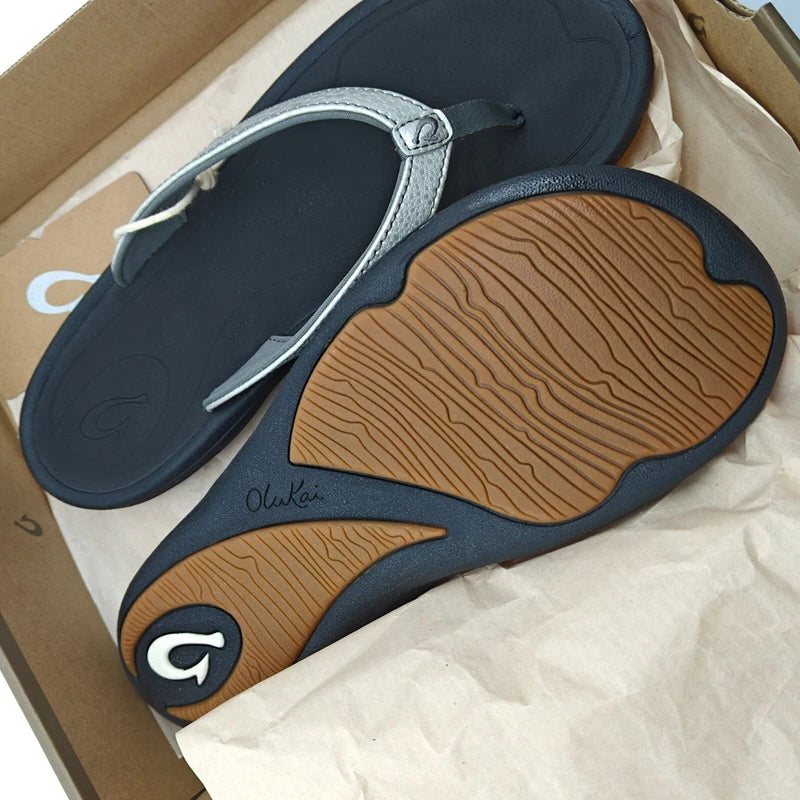 OluKai Kulapa Kai Women’s Size 7 /9/11 Sliver/Black Flip Flops 20198-2K40